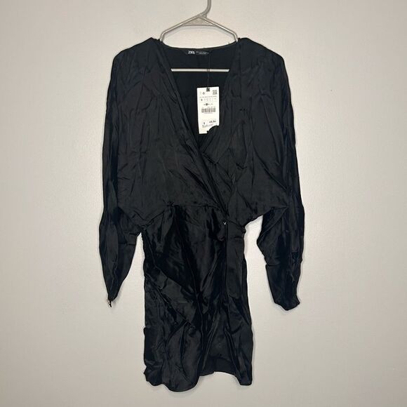 NWT ZARA WOMEN'S SATIN EFFECT WRAP DRESS BLACK SIZE S 2298/226 - Picture 3 of 6